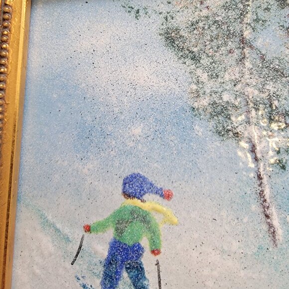 Winter Ski Scene Enamel on Copper Artwork By Jean Lucey, Framed & Signed, 7"x6" - Picture 5 of 16